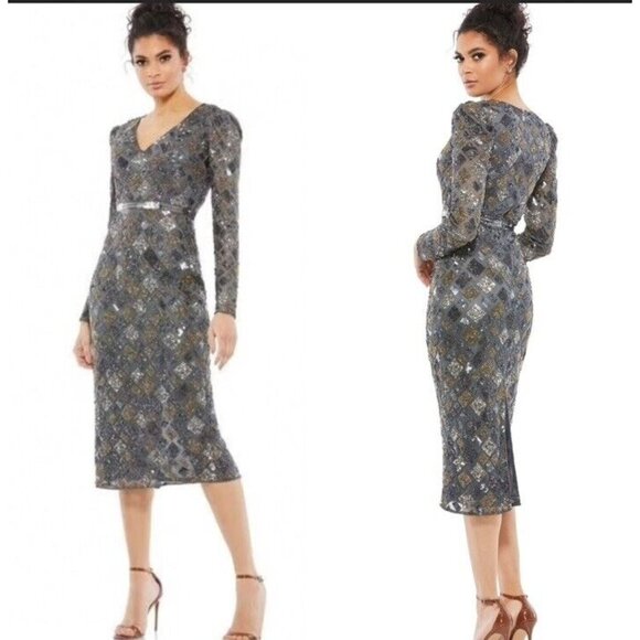 Mac Duggal 5472 Geo Embellished Tea Length Sheath Dress V Neck Charcoal Size 8
